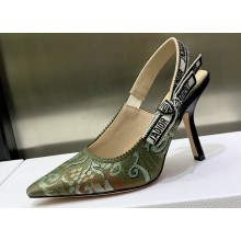 Dior Heel 9.5cm J'Adior Slingback Pumps in Green Brocart Embroidered Cotton with Gold-Tone Metallic Thread 2023