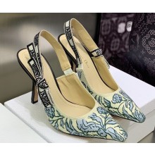 Dior Heel 9.5cm J'Adior Slingback Pumps in Blue Brocart Embroidered Cotton with Gold-Tone Metallic Thread 2023