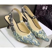 Dior Heel 6.5cm J'Adior Slingback Pumps in Blue Brocart Embroidered Cotton with Gold-Tone Metallic Thread 2023