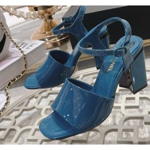 Chanel Heel 7.5cm Patent Leather Sandals Lake Blue 2023