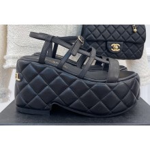 Chanel Heel 7.5cm Platform Quilting Logo Sandals Black 2023