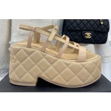 Chanel Heel 7.5cm Platform Quilting Logo Sandals Beige 2023