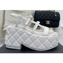 Chanel Heel 7.5cm Platform Quilting Logo Sandals White 2023