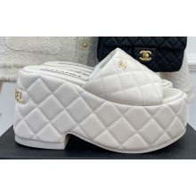 Chanel Heel 7.5cm Platform Quilting Logo Mules White 2023
