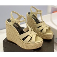 Saint Laurent Heel 12.5cm Platform 3.5cm Tribute Wedge Espadrilles in Smooth Leather 611924 Beige