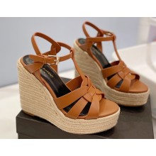 Saint Laurent Heel 12.5cm Platform 3.5cm Tribute Wedge Espadrilles in Smooth Leather 611924 Brown