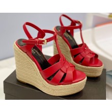 Saint Laurent Heel 12.5cm Platform 3.5cm Tribute Wedge Espadrilles in Smooth Leather 611924 Red