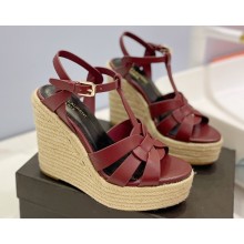 Saint Laurent Heel 12.5cm Platform 3.5cm Tribute Wedge Espadrilles in Smooth Leather 611924 Burgundy