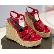 Saint Laurent Heel 12.5cm Platform 3.5cm Tribute Wedge Espadrilles in Patent Leather 611924 Red