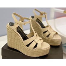 Saint Laurent Heel 12.5cm Platform 3.5cm Tribute Wedge Espadrilles in Patent Leather 611924 Beige