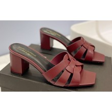 Saint Laurent Heel 6.5cm Tribute Mules Slide Sandals in Smooth Leather Burgundy