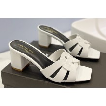 Saint Laurent Heel 6.5cm Tribute Mules Slide Sandals in Smooth Leather White