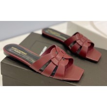 Saint Laurent Tribute Flat Mules Slide Sandals in Smooth Leather 571952 Burgundy