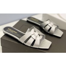Saint Laurent Tribute Flat Mules Slide Sandals in Smooth Leather 571952 Silver