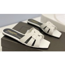 Saint Laurent Tribute Flat Mules Slide Sandals in Smooth Leather 571952 White