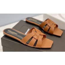 Saint Laurent Tribute Flat Mules Slide Sandals in Smooth Leather 571952 Brown