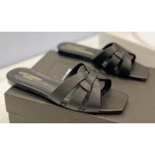 Saint Laurent Tribute Flat Mules Slide Sandals in Smooth Leather 571952 Black