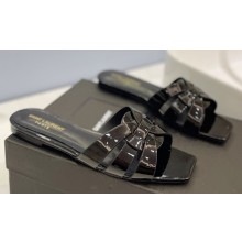 Saint Laurent Tribute Flat Mules Slide Sandals in Patent Leather 571952 Black