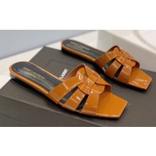 Saint Laurent Tribute Flat Mules Slide Sandals in Patent Leather 571952 Brown