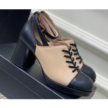 Chanel Heel Leather Lace-up Pumps Beige with Ankle Strap 2023