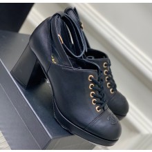 Chanel Heel Leather Lace-up Pumps Black with Ankle Strap 2023