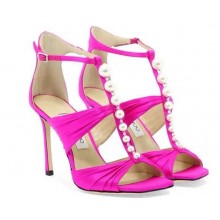 Jimmy Choo Heel 8.5cm Aura caged satin Sandals Fuchsia with Pearls 2023