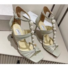 Jimmy Choo Heel 8.5cm Aura caged satin Sandals Gray with Pearls 2023