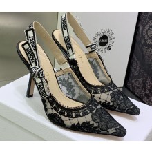 Dior Heel 9.5cm J'Adior Slingback Pumps in Black Transparent Mesh Embroidered with Dior Roses Motif 2023