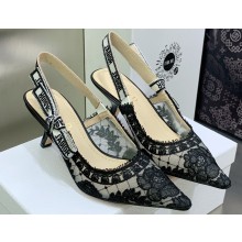 Dior Heel 6.5cm J'Adior Slingback Pumps in Black Transparent Mesh Embroidered with Dior Roses Motif 2023