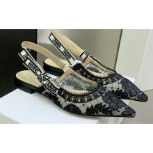 Dior J'Adior Slingback Ballerina Flats in Black Transparent Mesh Embroidered with Dior Roses Motif 2023