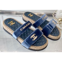 Chanel Logo Velvet Beach Mules Blue 2023