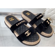 Chanel Logo Velvet Beach Mules Black 2023