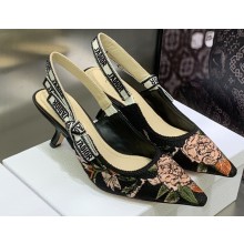Dior Heel 6.5cm J'Adior Slingback Pumps in Black Multicolor Cotton with Dior Jardin Botanique Embroidery 2023