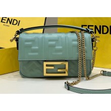 Fendi Nappa Leather Mini Baguette Bag Gray Green 2023