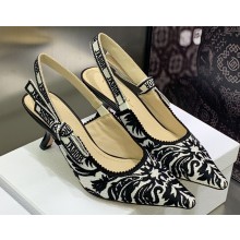 Dior Heel 6.5cm J'Adior Slingback Pumps in Black/White Ornamental Embroidered Cotton 2023