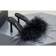 Alexander Wang Heel 8.5cm Lulu Feather Slide Sandals In Satin Black 2023