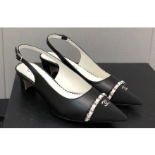 Chanel Chain Heel Grosgrain Sling-Back Pumps G39643 Lambskin Black 2023