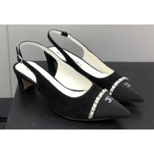 Chanel Chain Heel Grosgrain Sling-Back Pumps G39643 Suede Calfskin Black 2023