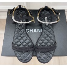 Chanel Heel 2cm Ankle Pearl Sandals Black 2023