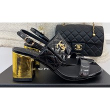 Chanel Gold Heel 7cm Patent Goatskin Sandals Black 2023