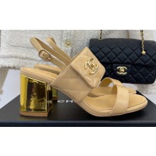 Chanel Gold Heel 7cm Patent Goatskin Sandals Beige 2023