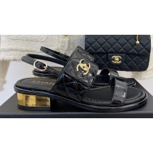 Chanel Gold Heel 3cm Patent Goatskin Sandals Black 2023