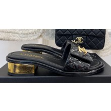 Chanel Gold Heel 3cm Patent Goatskin Mules Black 2023