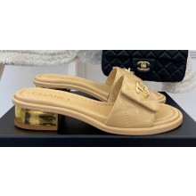 Chanel Gold Heel 3cm Patent Goatskin Mules Beige 2023