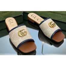 Gucci GG embroidered Slide Sandals crochet cotton Beige/Blue With Double G 2023