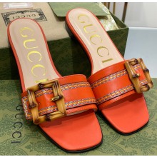 Gucci leather Slide Sandals Orange With Bamboo Buckle 2023