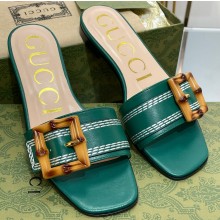 Gucci leather Slide Sandals Green With Bamboo Buckle 2023