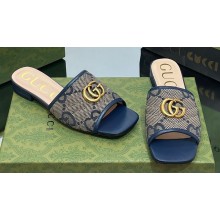 Gucci GG embroidered Slide Sandals Canvas Dark Blue With Double G 2023