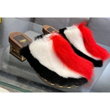 Fendi Baguette Show medium-heel clogs pony hair Black/White/Red 2023