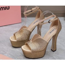 Miu Miu Heel 14cm Satin platform sandals with crystals Gold 2023